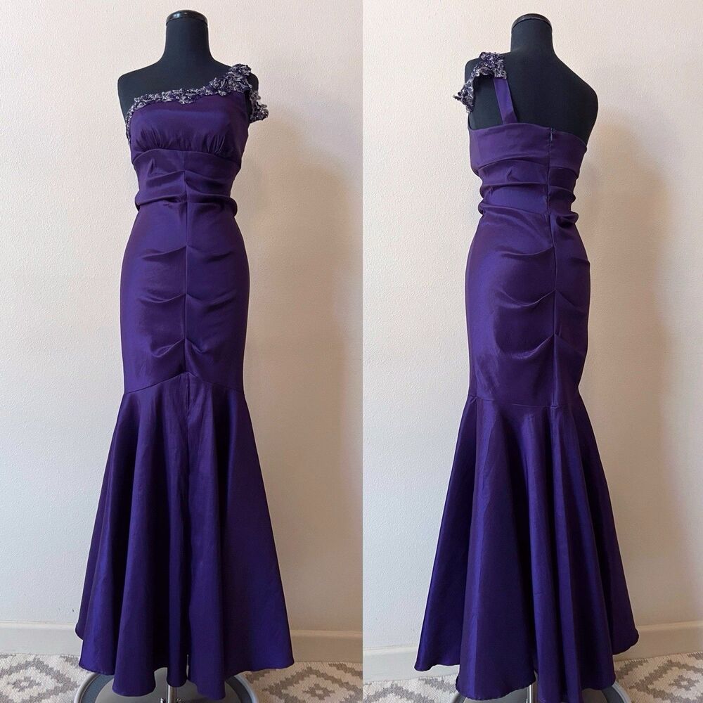 Vintage XSCAPE Evening Dress Size 6 Purple One Shoulder Prom Mermaid Gown Y2K